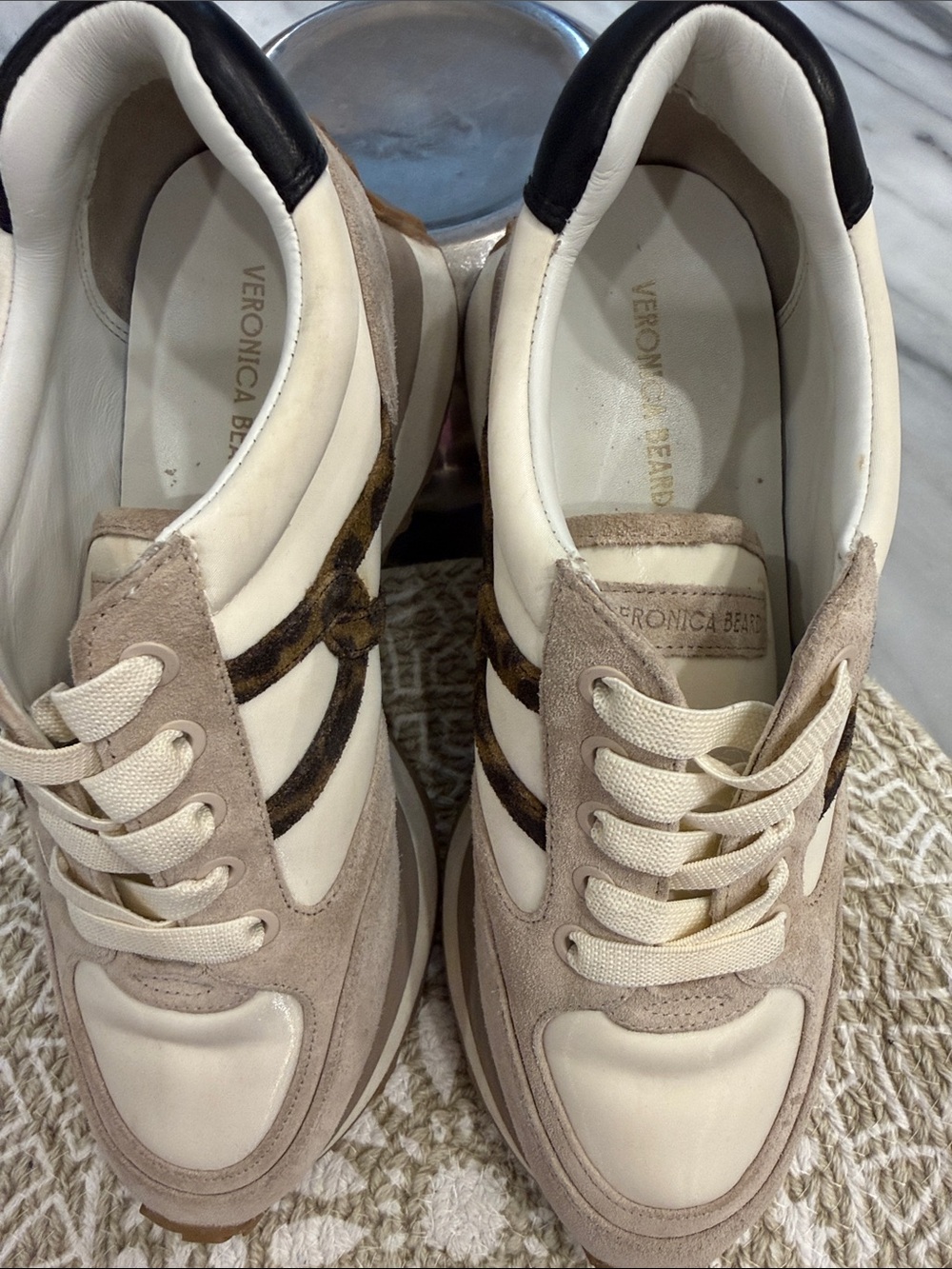 Veronica Beard Cream, Beige & Black Suede-Trim Lace-Up Sneakers
